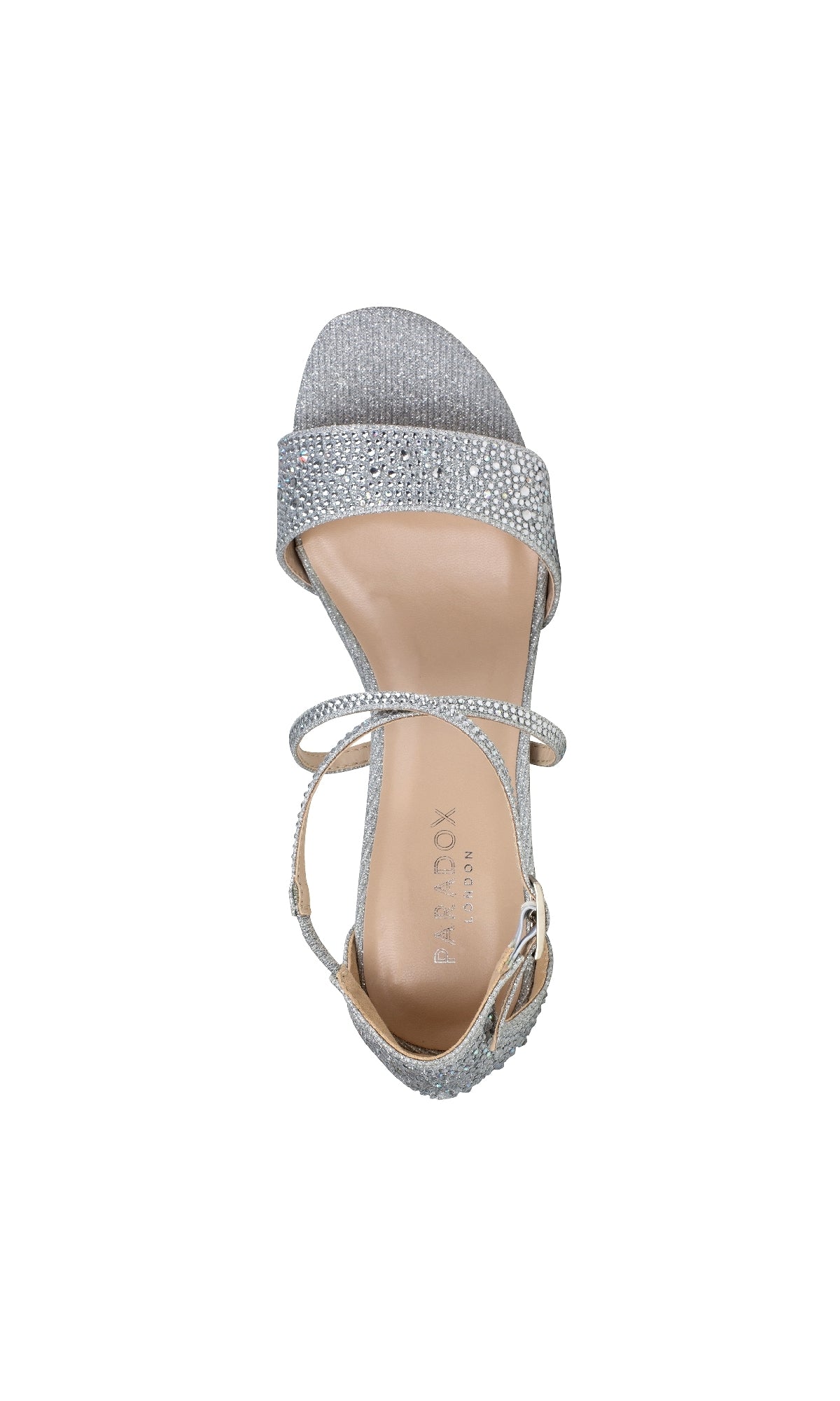 The Ines Silver Prom Shoes (Paradox London P2211) feature a single open-toe design with sparkling rhinestones, a secure ankle strap, and a stylish block heel—ideal for prom, shown from above against a white background.